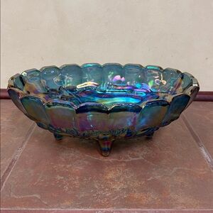 VTG Indiana Glass Iridescent Carnival Footed Fruit Bowl, Harvest Grape Pattern